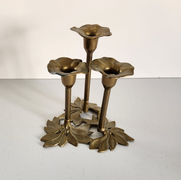 Art Nouveau Brass Candlestick Floral Leaf 3 Flame Candle Holder 1970s Frederick - Picture 1 of 6